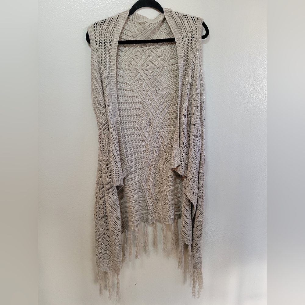 Knitted cream/tan waterfall open cardigan with a diamond-patterned Onesize
